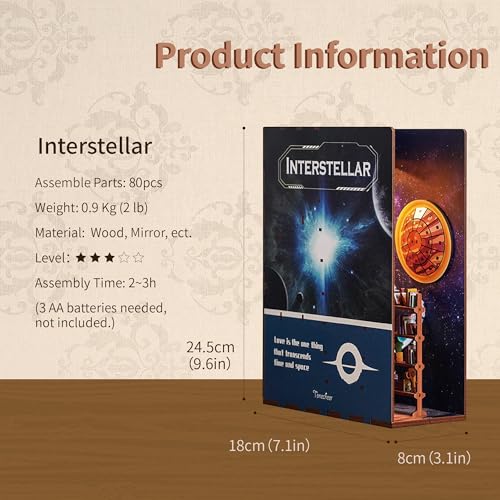 Image of Tonecheer DIY Book Nook Kit for Adults,3D Wooden Puzzle Bookend Bookshelf Insert Library Decor, Booknook Miniature House Kit with Body Motion Sensor LED Light（Interstellar）