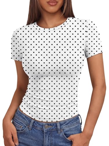 AUTOMET Womens Crew Neck Short Sleeve Basic T-Shirt 2026 White Dots XS