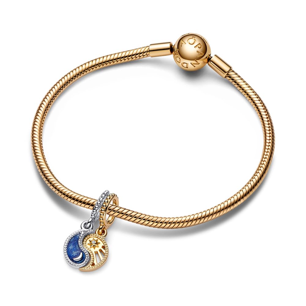 PANDORA Bicolor Teilbarer Sonne & Mond Charm-Anhänger aus Sterling Silber mit 14 Karat vergoldeter Metalllegierung, Cubic Zirkonia, Kompatibel Moments, 762678C01