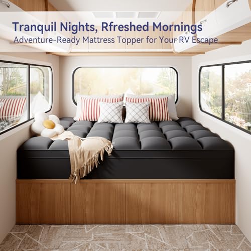 Image of ELEMUSE RV Short Queen Grey Mattress Topper, Thick Pillow Top Mattress Pad | Overfilled down alternative filling adds plush comfort. Deep pocket design, ideal for campers and travel trailers.