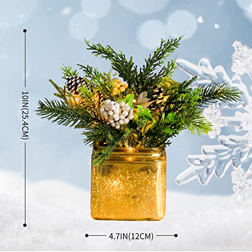 Led Home Decoration,Artificial Christmas Table Plants Decor With Lights, Fake Pinecone And White Berries,Mixed Pine Christmas Table Decoration In Gold Mercury Glass Pot Base（10Inch） #TOP2