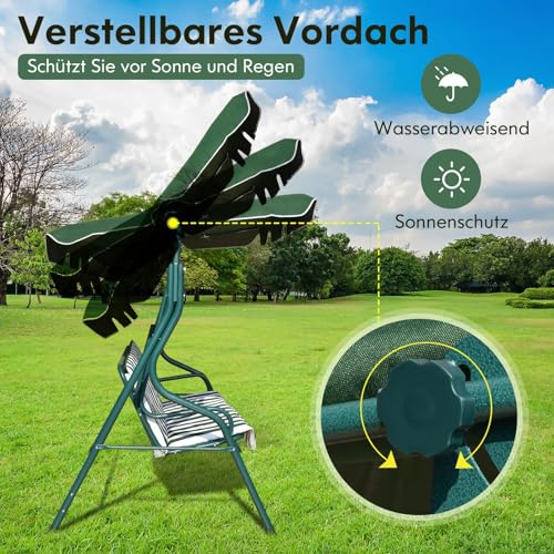 FANTASK Schaukelbank mit Verstellbares Sonnendach, 3-Sitzer Hollywoodschaukel, Gartenschaukel für Garten, Terrasse & Hinterhof, 172 x 110 x 154 cm, Grün und Weiß