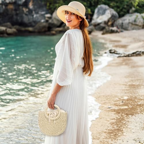 Image of ZAVOOS Small Straw Purse for Women Vocation, Top Handle Woven Beach Handbag, Summer Handmade Rattan Straw Clutch Crossbody Shoulder Bag for Travel, Holiday