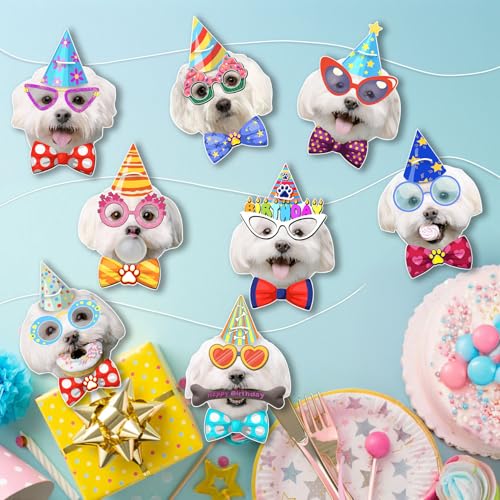 Image of Maltese Birthday Garland - Photographic Maltese Faces Birthday Banner, Funny White Maltese Bday Party Decoration for Maltese Lovers, Easy Assembly
