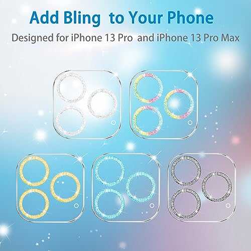 【3 Pack】Dengduoduo Tempered Glass Camera Lens Protector for iPhone 13 Pro 6.1" & iPhone 13 Pro Max 6.7", Glitter Diamond Sparkle Bling, Ultra HD, 9H Hardness, Anti-Scratch, Case Friendly, Easy to