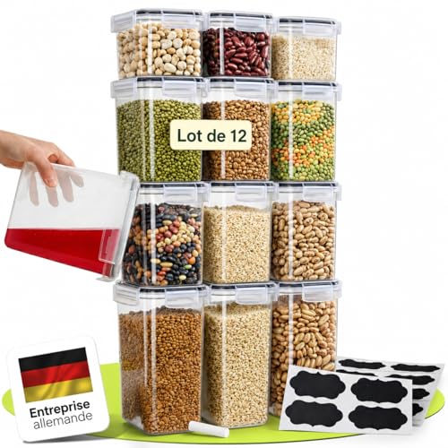 uandu Boite Hermetique Alimentaire Lot de 12 – Boite de Rangement Cuisine Sans BPA, Bocaux Hermetiques pour Riz, Céréales, Farine et Sucre – Avec...