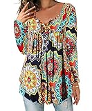 DEMO SHOW Damen Tunika Top Locker Langarm V Ausschnitt Knopfleiste Plissiert Floral Henley Shirt Bluse T Shirt (Orange, XL)