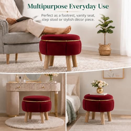 Image of Velvet Upholstered Round Ottoman Footstool | Anti-Slip Feet | Multipurpose Footrest, Step Stool & Vanity Seating & Decor | 40 x 30 cm (16 x 12 Inch) | Maroon