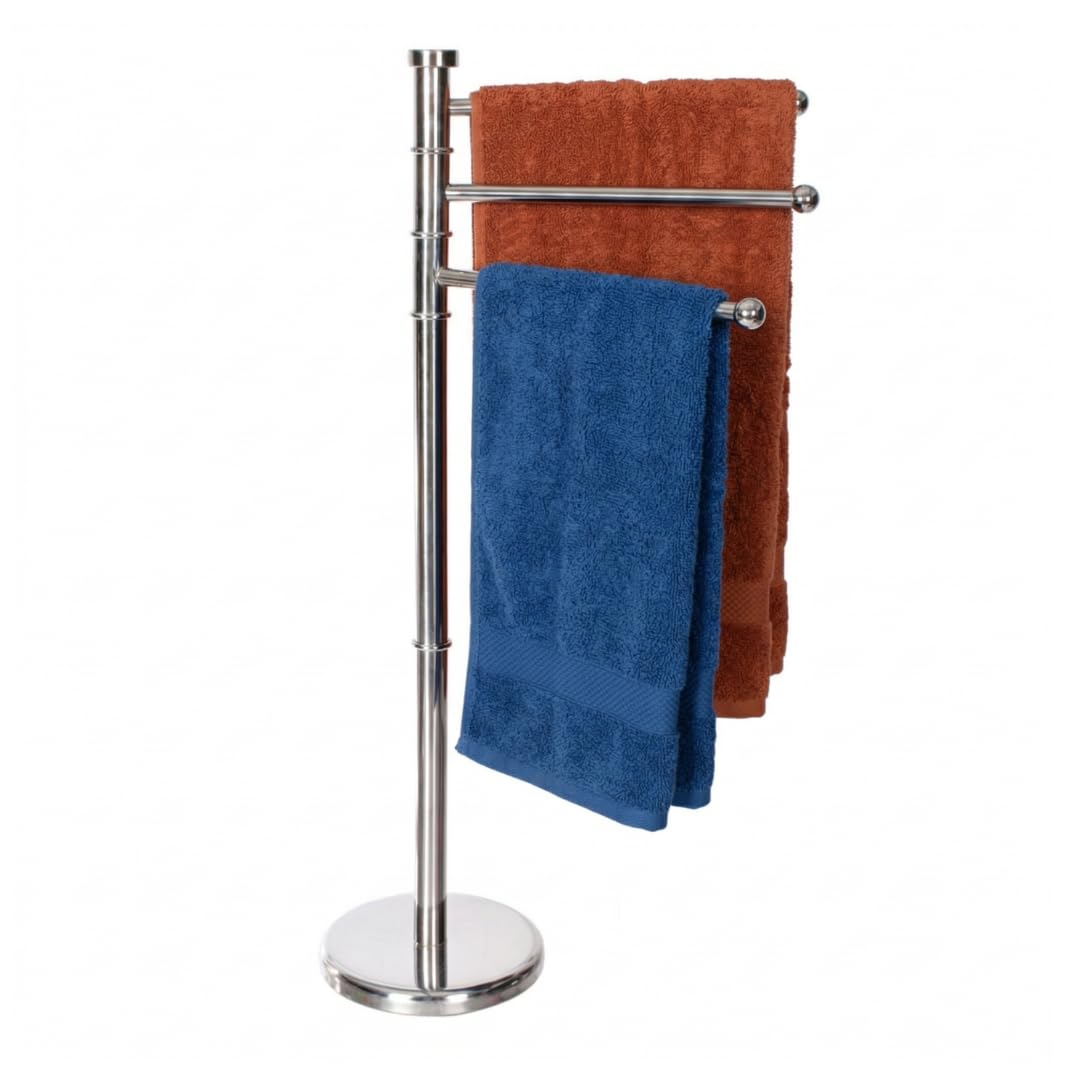 Piantana Portasciugamani da Terra in Acciaio con 3 Bracci Rotanti - Porta Salviette Bagno Salvaspazio Stabile e Antiruggine - Design Moderno in Argento Satinato 87x37x22 cm