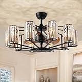 Moooni Large Crystal Caged Ceiling Fan with Light 10 Lights Vintage Black Crystal Chandelier Fan 34" Flush Mounted Ceiling Fan Light Fixture for Living Room Dining Room Hotel Foyer