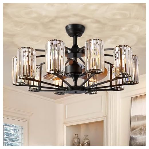 Moooni Large Crystal Caged Ceiling Fan with Light 10 Lights Vintage Black Crystal Chandelier Fan 34" Flush Mounted Ceiling Fan Light Fixture for Living Room Dining Room Hotel Foyer