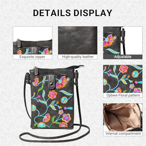 Ojibwe Floral pattern Small Crossbody Bag for Women, Cell Phone Purses, PU Leather Wallet, With Adjustable Strap3