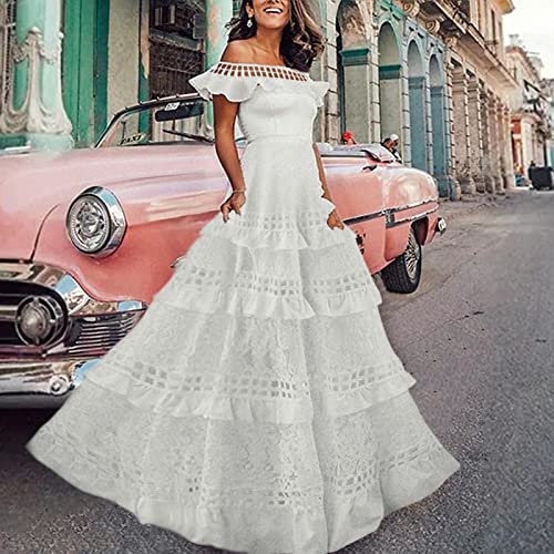 Women's A Line Dress Maxi Long Dress White Short Sleeve Solid Color Ruffle Off Shoulder Wedding Party Gowns Dress (White, Xxl) #TOP2