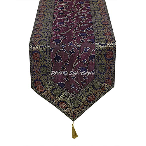 Image of Ari Zari Embroidery Table Runner for Dining Table 6 Seater 72 Inch Blue & Purple Rajasthani Indian Satin Traditional Long Runner Up with Tassels Coffee Tablecloth
