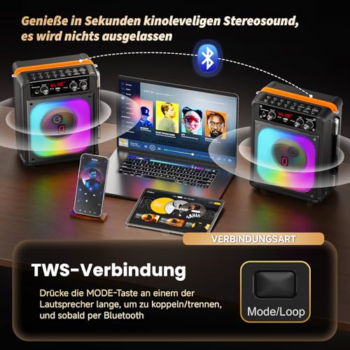 HWWR Karaoke Maschine mit 2 Wireless Mikrofonen für Erwachsene & Kinder, Tragbarer Bluetooth Lautsprecher mit LED Licht, TWS, AUX/USB/TF, Partybox für Zuhause & Outdoor