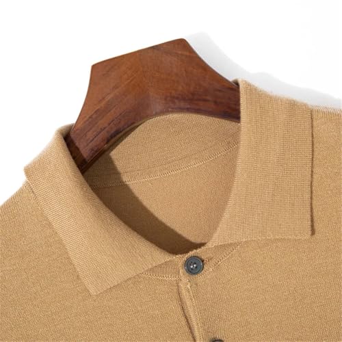Men Solid Lapel Button Business Wool Sweater Casual Short Sleeved Thin Knitwear Pullover3