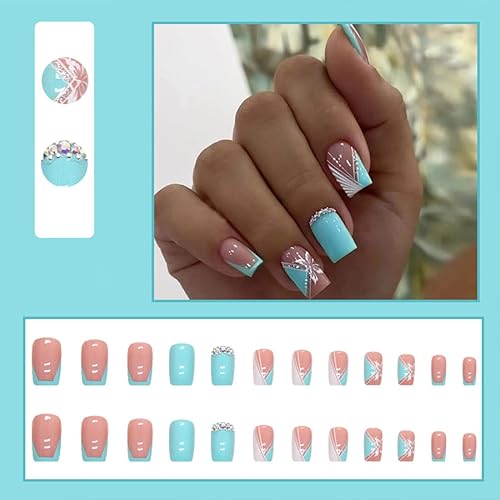 Miniatura 4 de Uñas postizas cuadradas a presión, color azul, uñas postizas de longitud media con mariposa brillante, uñas adhesivas con diamantes de imitación