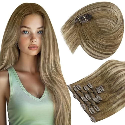 Image of Sunny Hair Clip in Hair Extensions Real Human Hair Brown Ombre Balayage | Clip on Hair Extensions Light Brown Balayage Platinum Blonde with an Ombre Hair Look for Graduation Hairstyles 14 Inch 105g