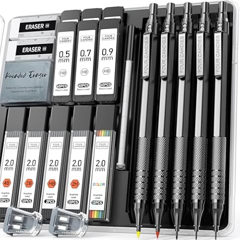 Four Candies Metal Mechanical Pencil Set, 3PCS Art Drafting Pencils 0.5, 0.7, 0.9MM & 2PCS 2MM Mechanical Drawing Pencils with 420PCS Leads (4B 2B HB 2H Color) for Writing Sketching Drawing (Black) Cover