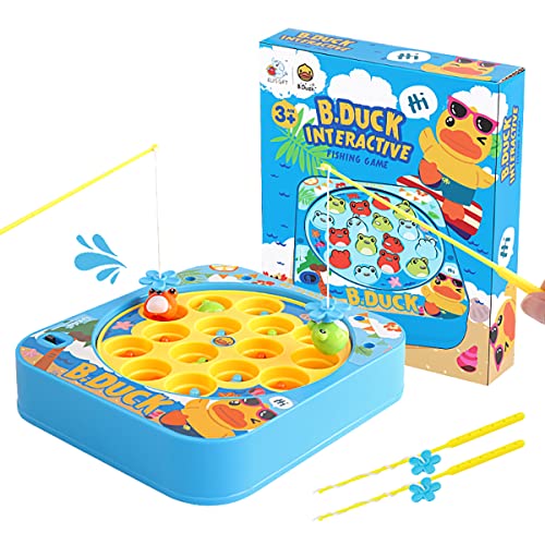 Kids Magnetic Fishing Game Toy Play Set w/ 15 Frogs, 2 Poles/Rods, on-Off Music & Rotating Board for Toddlers, Interactive Family Party Yard Board Game Indoor/Outdoor, Birthday Gift for Kids Ages 3+