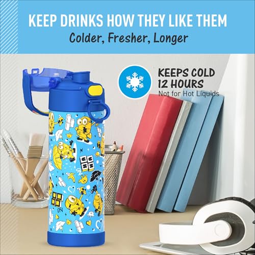 Image of THERMOS FUNTAINER Water Bottle with Spout, 16oz, Minions | Kids Stainless Steel Insulated Water Bottle, Keeps Drinks Cold Longer for School & Play, BPA-Free