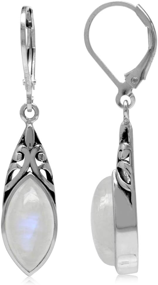 Silvershake 14x7mm Natural Marquise Shape Moonstone 925 Sterling Silver Filigree Leverback Dangle Earrings Jewelry for Women