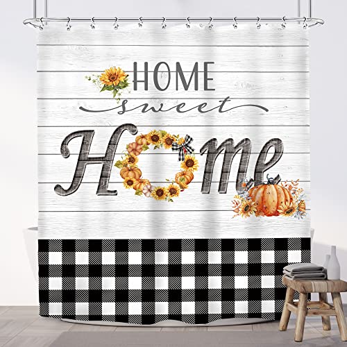 Imirell Schwarz-Weißer Büffelkaro-Duschvorhang, kariert, 152 x 183 cm, Herbst-Kürbis-Blumen-Sonnenblume, rustikal, Bauernhaus, Holzscheune, Holzstoff, wasserdichtes Polyester, mit 12 Haken, Kunststoff Cover