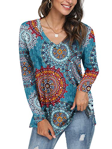 LONGYUAN Women Winter Top Casual Loose Fitting Tshirts Long Sleeve V Neck Cotton Tunic Fl Mix Blue,X-Large