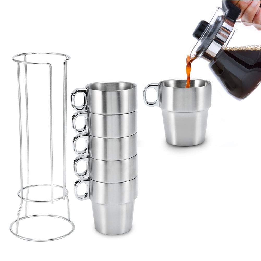 Tasse à Café en Acier Inoxydable, Lot de 6 Réutilisables Rangement en Métal avec Support Isolée Empilable de Tasse, Tasse à Café Expresso à Double Couche avec Support pour Café Thé Boissons