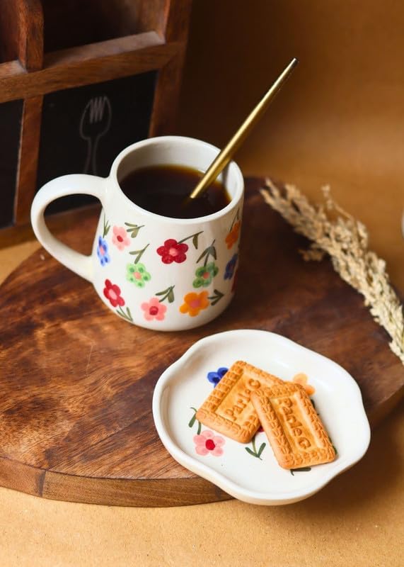 Image of WEAVING HOMES Handcrafted Ceramic Floral Blossom Mug & Dessert Plate (Set of 2, Multicolor) - Coffee Mugs and Dessert Plates for Birthday Gifts, Mugs for Office and Travel
