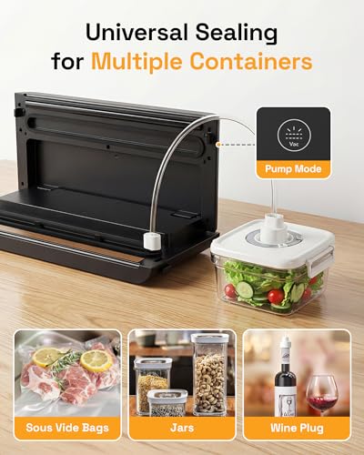Image of HBN Food Vacuum Sealer Machine, 70kPa Automatic Sealer for Dry & Moist Food, Hands-Free Lid, Stainless Steel, External Cutter & Bag Storage, Includes 1 Roll & 20 Bags