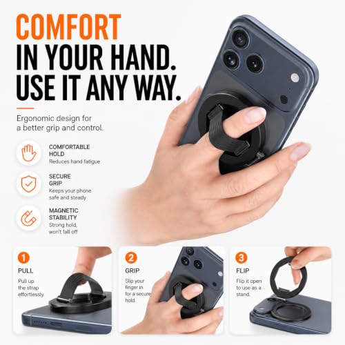 Image of Mizi Magnetic Phone Grip, Phone Finger Loop Holder with Kickstand, Foldable Ring Grip, Compatible with Mag Safe iPhone 12-18, Includes Magnetic Adapter Ring for All Phones - Black