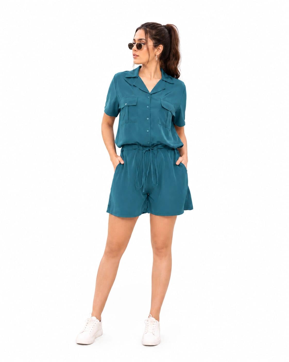 Women's Solid Casual Co-Ord Set | Collared Short Sleeve Shirt & Drawstring Shorts | Premium Teal-picture-55