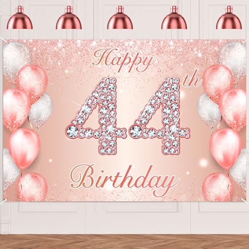 Image of Happy 44th Birthday Rose Gold Banner Cheers to 44 Years Old Backdrop Confetti Balloons Theme Decor for Women 44 Years Old Pink Birthday Party Decorations Bday Supplies Background Favors Gift Glitter