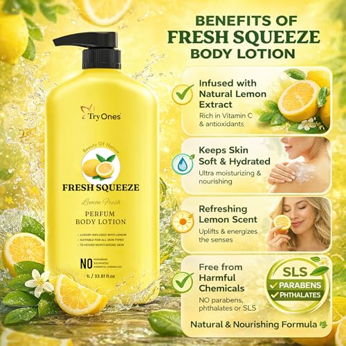 Image of Fresh Squeeze Lemon Fresh Perfume Body Lotion with Natural Lemon Extract | Deep Moisturization for Soft & Hydrated Skin | No Parabens, No SLS | 1 Litre