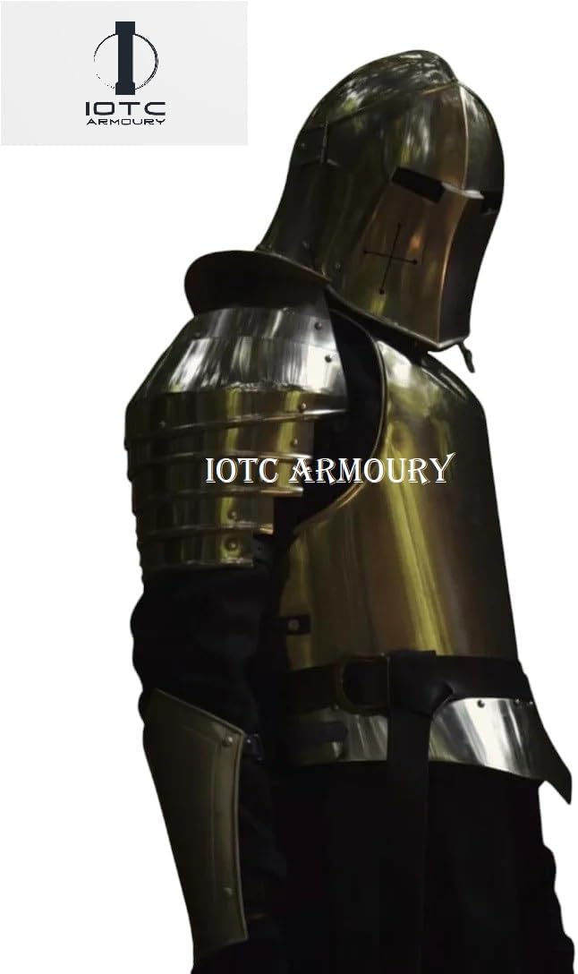 Medieval Half Suit Of Armor-Medieval Knight Tree Armor Costume With Barbute Helmet & Arm Bracers Ideal For LARP, Reenactment, Cosplay Event's, Halloween, Fantasy & Theme Party Costume