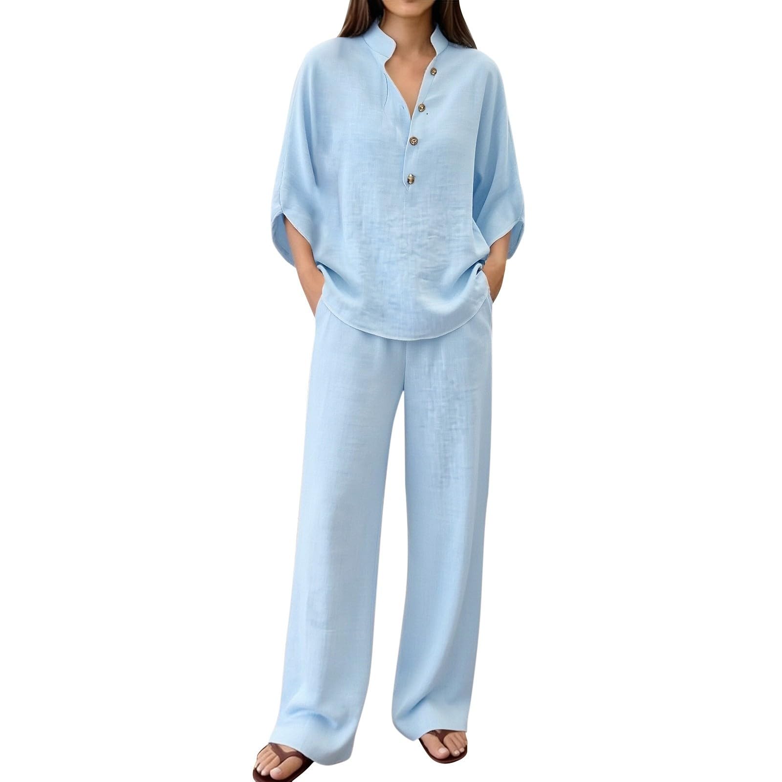 Générique Ensemble Femme Chic Et Elegant en Lin Grande Taill Ete Deux Pièces Chemise Manches Courts Col V Et Décontracté Pantalon Taille Tenue Couleur Unie Ensemble Pantalon Léger de Plage Jogging