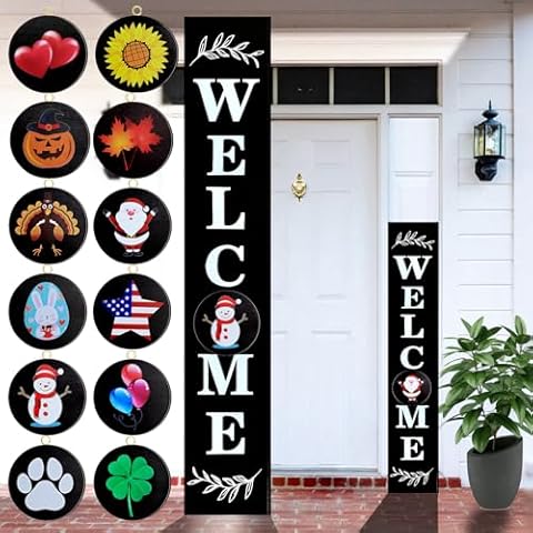 Consevisen Welcome Sign for Front Door Porch Standing, Interchangeable 47 x 7.9 Inch Outdoor Vertical Wooden Welcome Sign with 12 Seasonal Icons for Spring Fall Christmas Easter Farmhouse Home Decor Cover