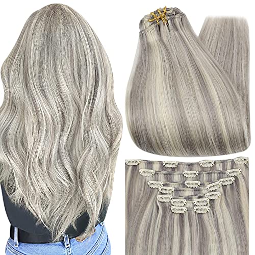 Full Shine Clip in Hair Extensions 20 Inch Human Hair Clip in Extensions Balayage Color Gray Highlighted With Blonde Real Hair Extensions Clip in Human Hair 7 Pieces 100g