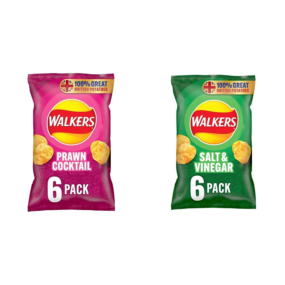 Walkers Prawn Cocktail Vegetarian Multipack Crisps, Perfect for Lunch & Snacking 6x25g & Salt and Vinegar Vegetarian Multipack Crisps, Perfect for Lunch & Snacking 6x25g