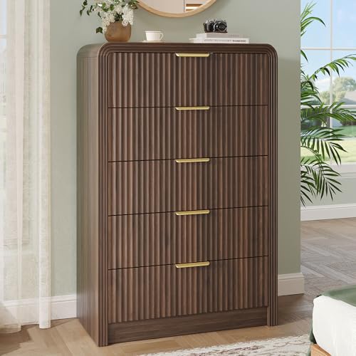 Image of Decofy Fluted 5 Drawers Dresser, 48 inch Tall Modern Chest of Drawers with Round Edge & Metal Handle, Wood Drawer Organizer for Living Room, Bedroom, Entryway, Hallway (Walnut)