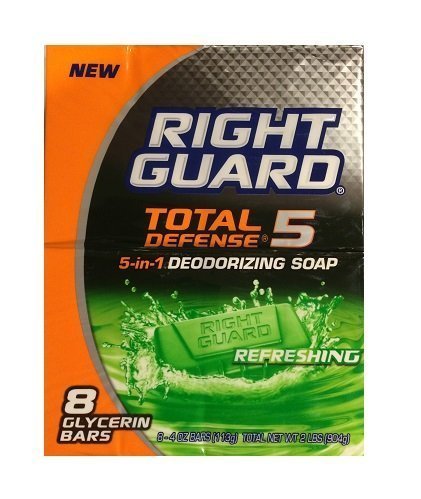 New Right Guard Total Defense 5 in 1 Deodorizing Soap 4oz bars (8 bars per pack)