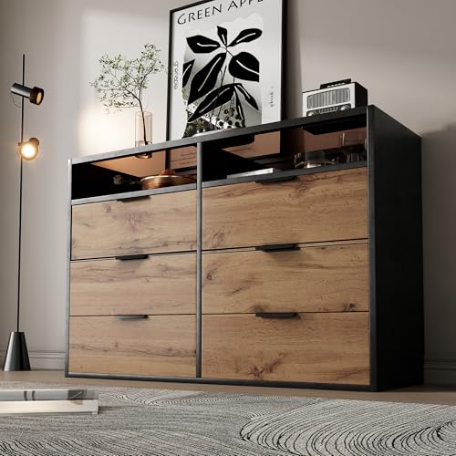BXEYXE Cómoda aparador de cristal ámbar con asas de metal. Cajonera con 6 cajones y 2 compartimentos antivuelco. 120 x 40 x 80 cm. Roble