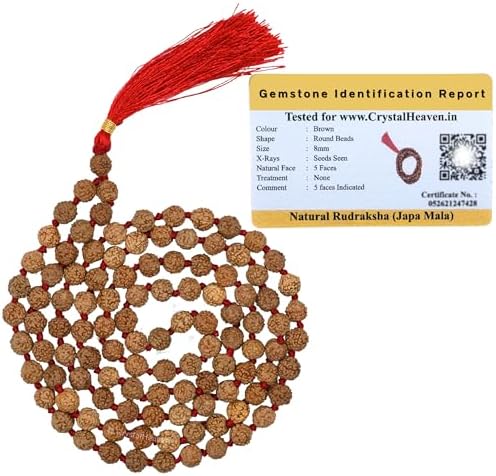 Crystal Heaven Rudraksha Mala For Men, Colourless 108 Beads Original Panchmukhi Rudraksha Japa Mala Ganthi - AAA Grade 5 Mukhi Rudraksha Mala For Protection, Meditation And Yoga