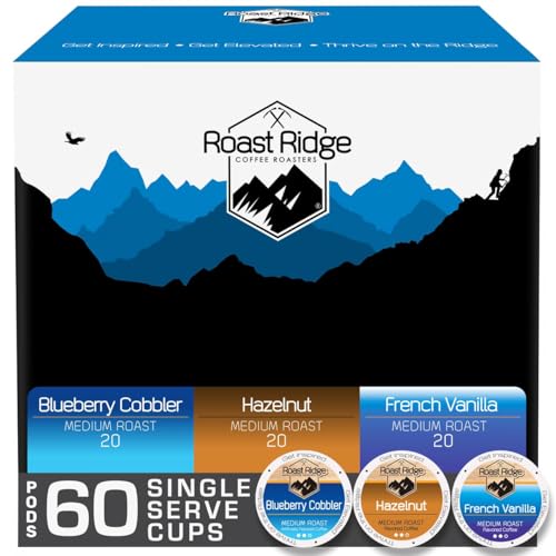 Roast Ridge Single Serve Coffee Pods for Keurig K-Cup Brewers, Flavored Variety Pack, Medium Roast, 60 Count (20 each: Blueberry Cobbler, Hazelnut, French Vanilla)