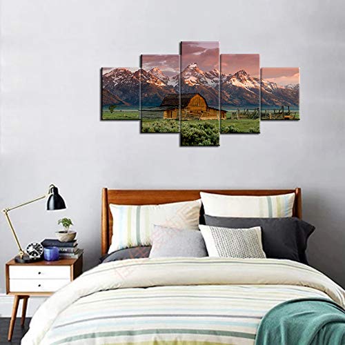 Teton Painting Barn Pictures Art Work For Home Walls Grand Teton,Wyoming Canvas 5 Piece Artwork Modern Home Decor For Living Room Framed Gallery-Wrapped Ready To Hang Posters And Prints(60''Wx32''H) #TOP3