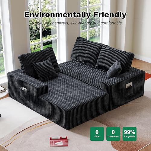Image of Bean Bag Chairs for Adults, Memory Foam Reading Bean Bag Sofa Chair with Faux Fur Filler, Fireside Floor Gaming Chairs for Living Room, Bedroom and Office (Black, 108 inch+Right Chaise)