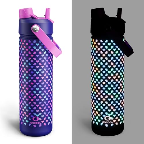 Image of ENCOOL Insulated Water Bottle with Straw Stainless Steel Water Bottle, Glow in the Dark, Leak-Proof, BPA-Free, Keeps Cold for 24 Hours for Sports, Travel, School (26 oz, Heartfield)