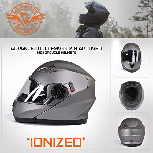 Milwaukee Helmets Mph9808Dot 'Ionized' Silver Advanced Motorcycle Modular Helmet For Men And Women Biker W/ Drop Down Visor - Large #TOP6