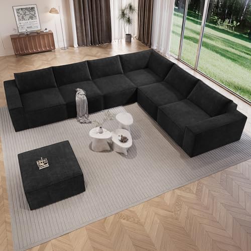 Vesgantti 143.7' Oversized Boneless Sectional Couch, Modern 6 Seater Modular Sofa with Ottoman & Deep Seat, Convertible Chenille Cloud Couches for Living Room, No Assembly Required, Black